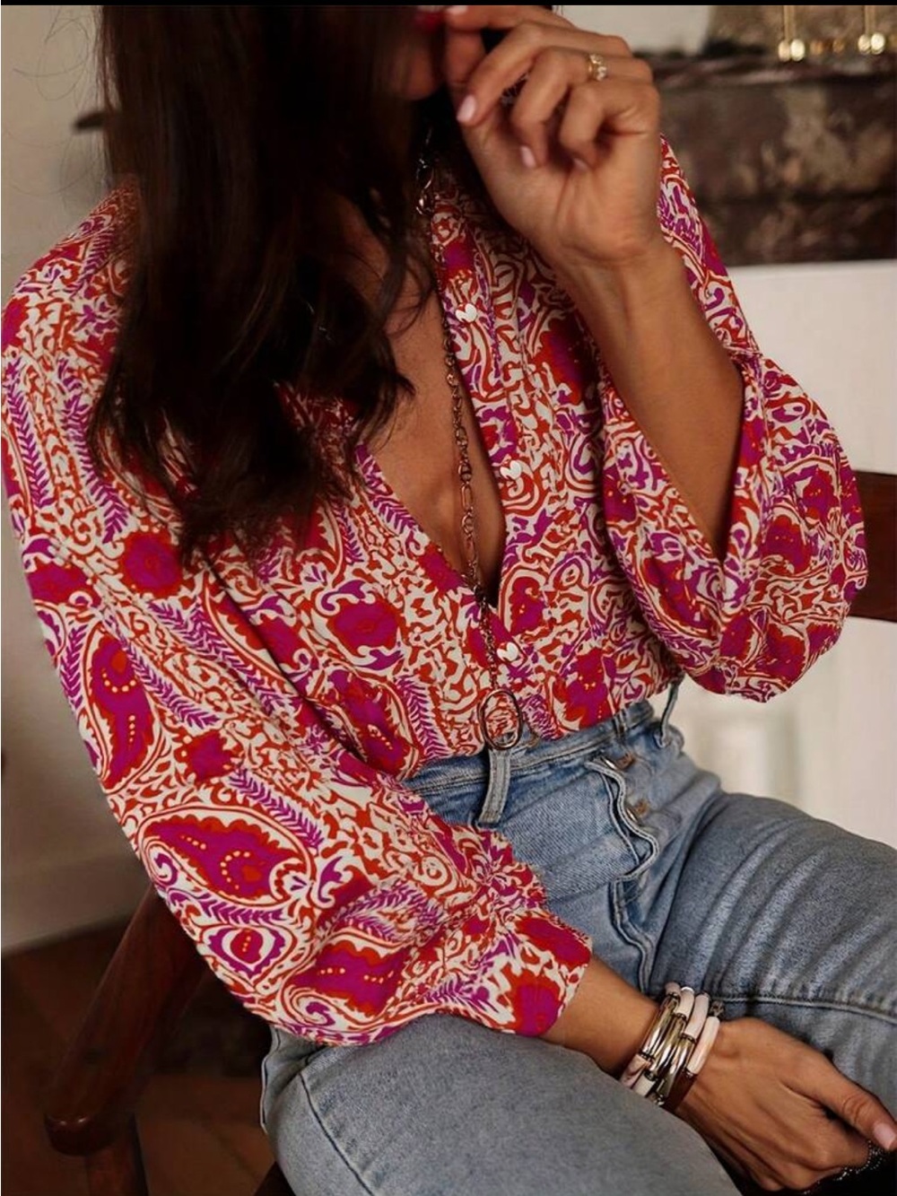 Boho Viscose Lightweight Pink Paisley Print Button Shirt Top Blouse